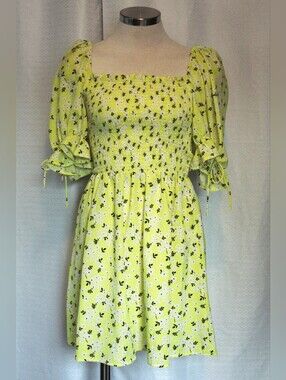 Goodnight Macaroon Yellow Floral Smocked Mini Dress Size S